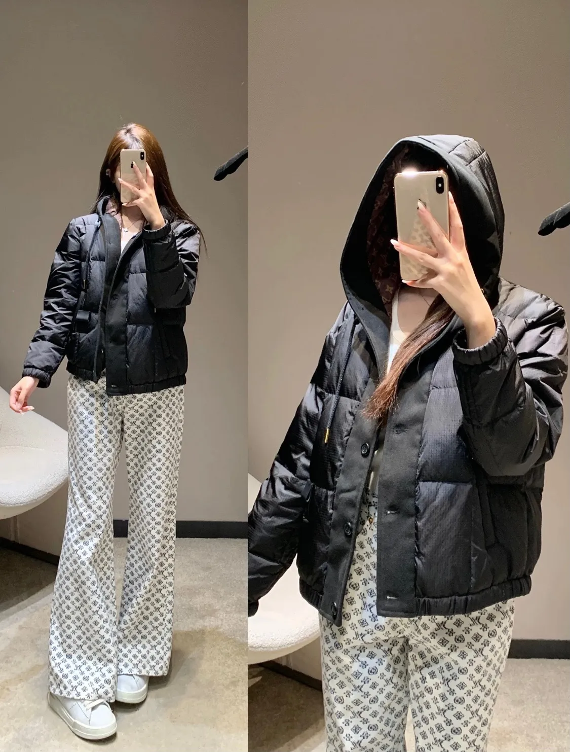 Louis Vuitton/Louis Vuitton embossed leather label fine plaid hooded down jacket
